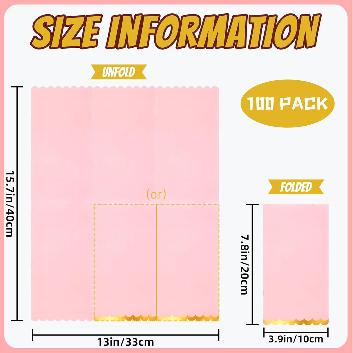 100 Pcs Pink Paper Napkins Disposable, Pink and Gold Party Napkins, Premium Quality Scalloped Dinner Napkins for Birthday Wedding Bridal Shower Party