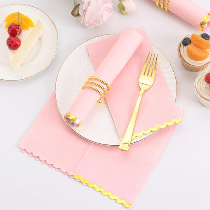 100 Pcs Pink Paper Napkins Disposable, Pink and Gold Party Napkins, Premium Quality Scalloped Dinner Napkins for Birthday Wedding Bridal Shower Party
