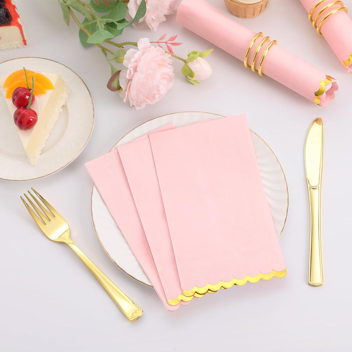 100 Pcs Pink Paper Napkins Disposable, Pink and Gold Party Napkins, Premium Quality Scalloped Dinner Napkins for Birthday Wedding Bridal Shower Party