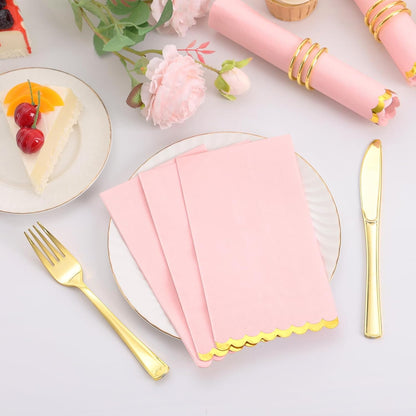 100 Pcs Pink Paper Napkins Disposable, Pink and Gold Party Napkins, Premium Quality Scalloped Dinner Napkins for Birthday Wedding Bridal Shower Party
