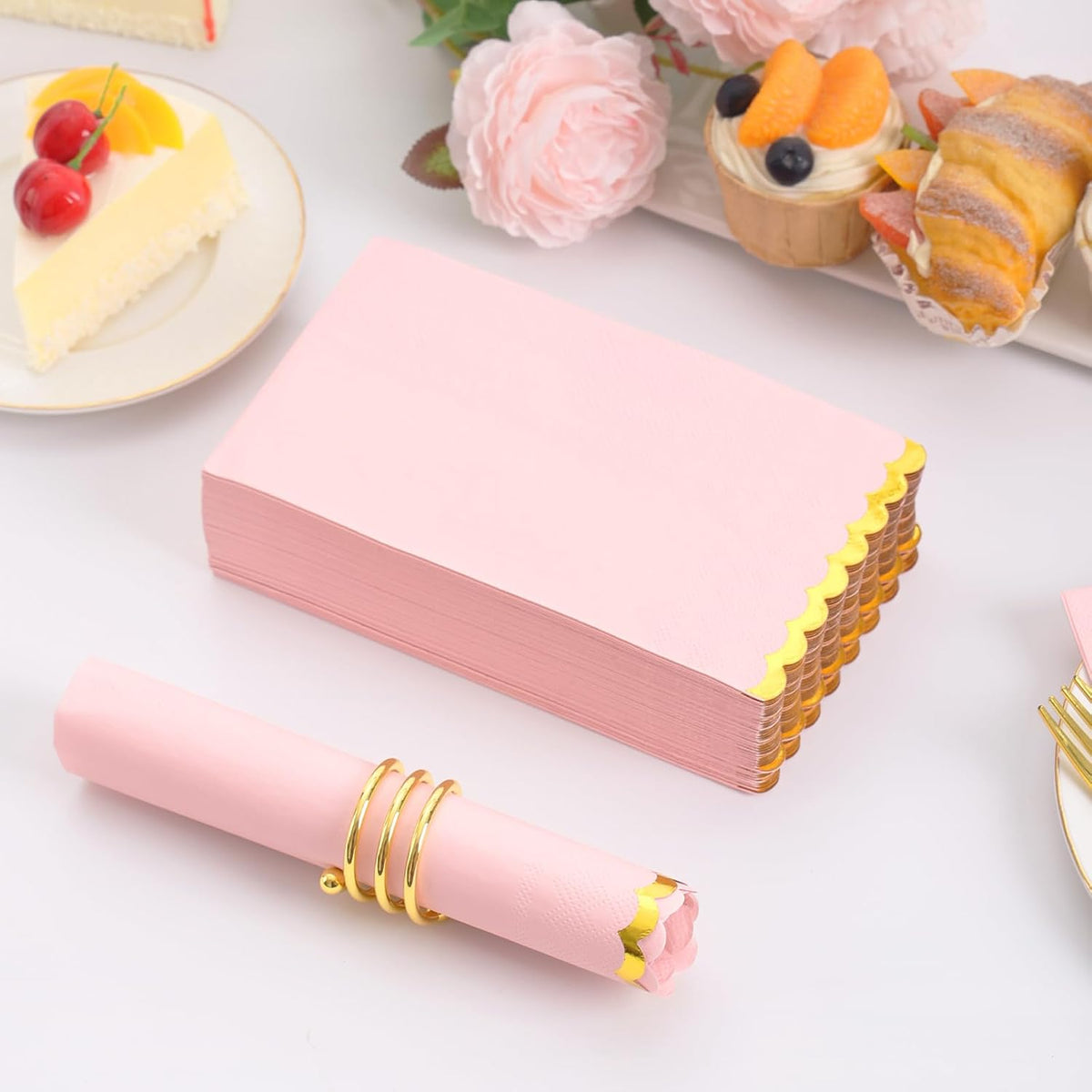100 Pcs Pink Paper Napkins Disposable, Pink and Gold Party Napkins, Premium Quality Scalloped Dinner Napkins for Birthday Wedding Bridal Shower Party