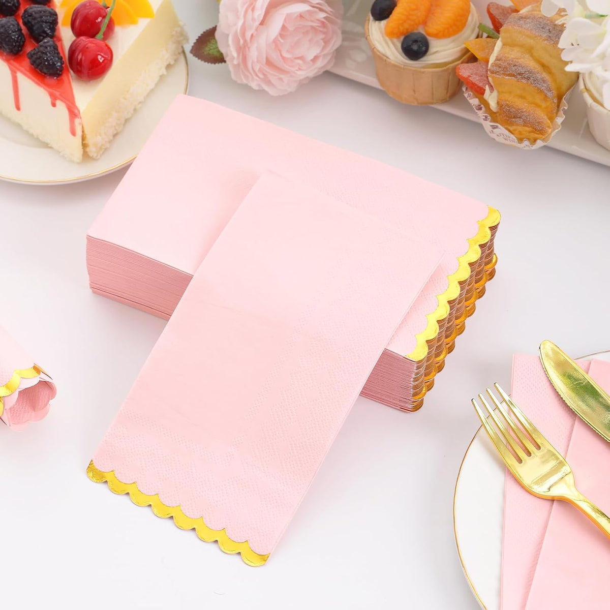 100 Pcs Pink Paper Napkins Disposable, Pink and Gold Party Napkins, Premium Quality Scalloped Dinner Napkins for Birthday Wedding Bridal Shower Party