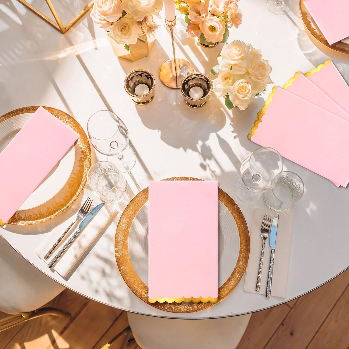 100 Pcs Pink Paper Napkins Disposable, Pink and Gold Party Napkins, Premium Quality Scalloped Dinner Napkins for Birthday Wedding Bridal Shower Party
