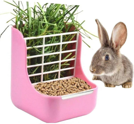 Rabbit Feeder, Hay Food Bin Feeder, Pink (Plastic), Adjustable, Removable Grass Rack, Stainless Steel Edge, for Rabbit, Guinea Pig, Chinchilla