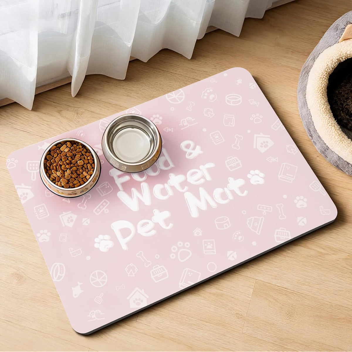 Pet Feeding Mat,Dog Cat Mat for Food and Water,Dog Bowl Waterproof Placemat with Rubber Backing,Absorbent Quick Dry Water Dispenser Mat for Pet（Pink 12"×18"）