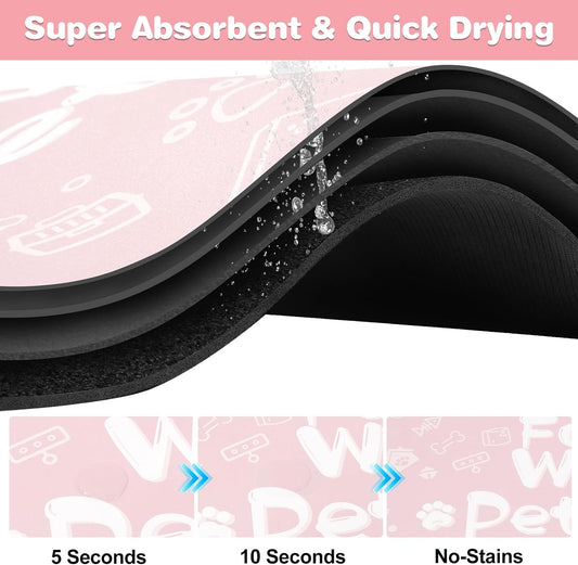 Pet Feeding Mat,Dog Cat Mat for Food and Water,Dog Bowl Waterproof Placemat with Rubber Backing,Absorbent Quick Dry Water Dispenser Mat for Pet（Pink 12"×18"）