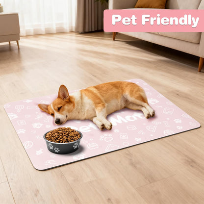 Pet Feeding Mat,Dog Cat Mat for Food and Water,Dog Bowl Waterproof Placemat with Rubber Backing,Absorbent Quick Dry Water Dispenser Mat for Pet（Pink 12"×18"）