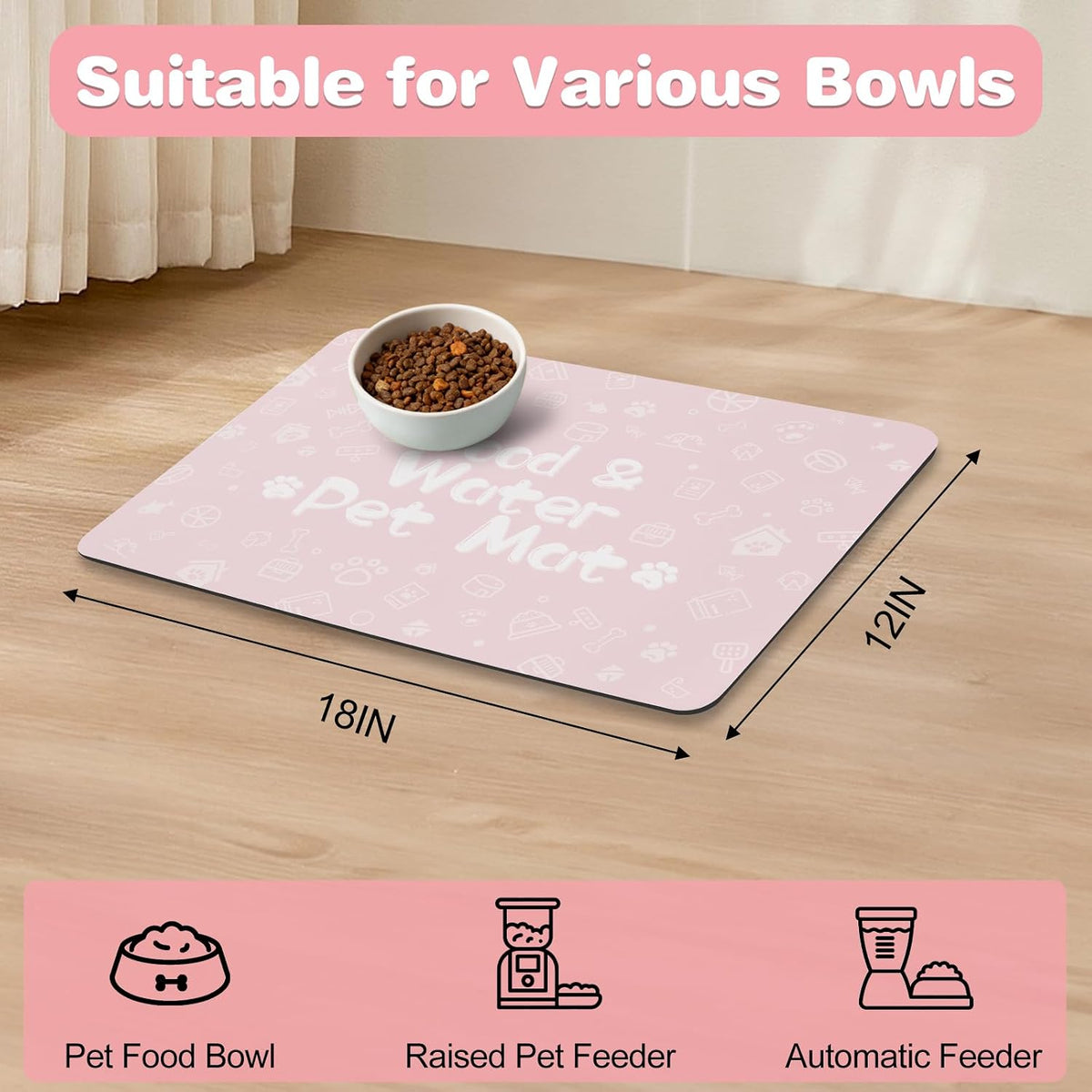 Pet Feeding Mat,Dog Cat Mat for Food and Water,Dog Bowl Waterproof Placemat with Rubber Backing,Absorbent Quick Dry Water Dispenser Mat for Pet（Pink 12"×18"）