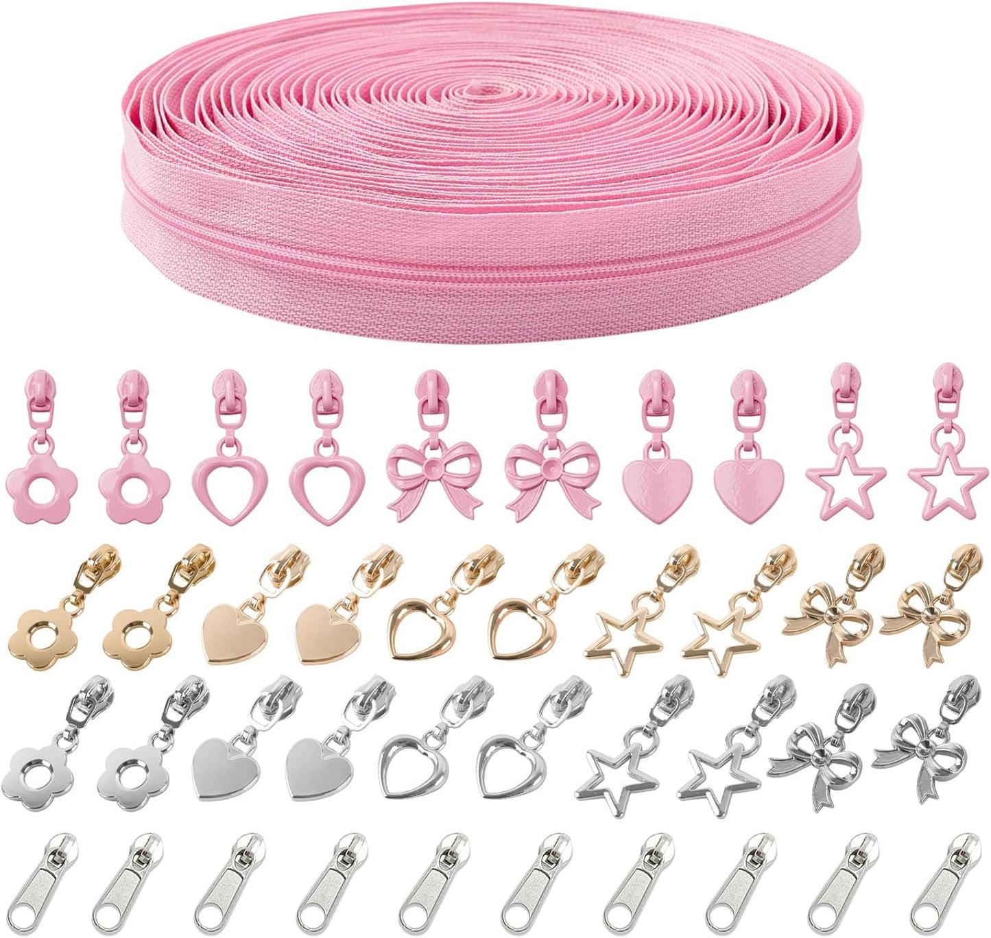 10 Yards Sewing Zipper Tapes with 40 pcs Assorted Charm Pulls Bulk Nylon Coin Zippers for Bags and Purses Tailor DIY Craft Sewing Supplies (#3 Pink)