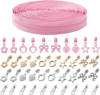 10 Yards Sewing Zipper Tapes with 40 pcs Assorted Charm Pulls Bulk Nylon Coin Zippers for Bags and Purses Tailor DIY Craft Sewing Supplies (#3 Pink)