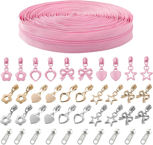 10 Yards Sewing Zipper Tapes with 40 pcs Assorted Charm Pulls Bulk Nylon Coin Zippers for Bags and Purses Tailor DIY Craft Sewing Supplies (#3 Pink)