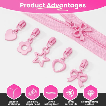 10 Yards Sewing Zipper Tapes with 40 pcs Assorted Charm Pulls Bulk Nylon Coin Zippers for Bags and Purses Tailor DIY Craft Sewing Supplies (#3 Pink)