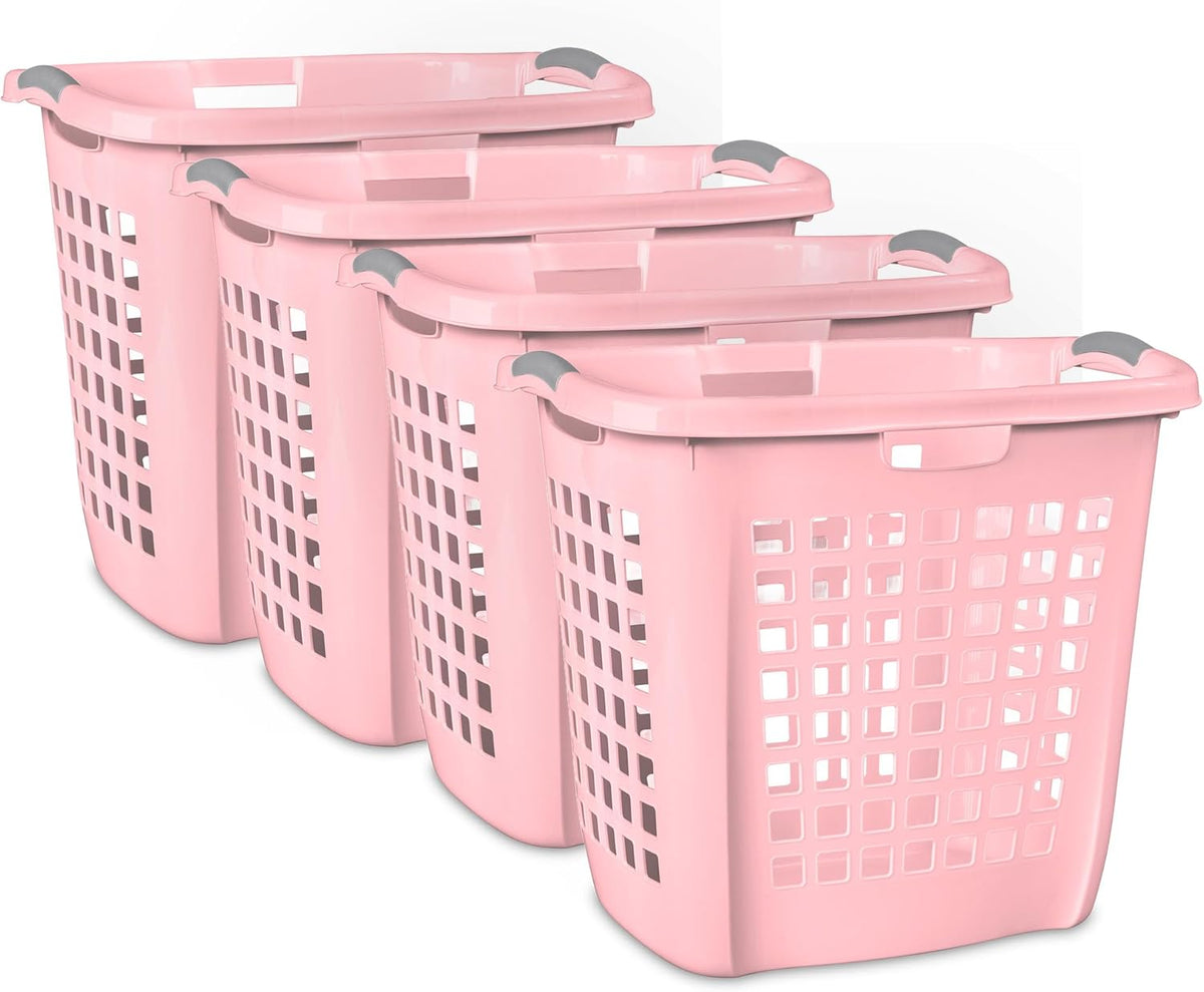 4-Pack Ultra Easy Carry Laundry Basket, Plastic Clothes Hamper Bin w/Comfort Grip Handles & Rim, 2.1 Bushel Capacity, Pink Frost