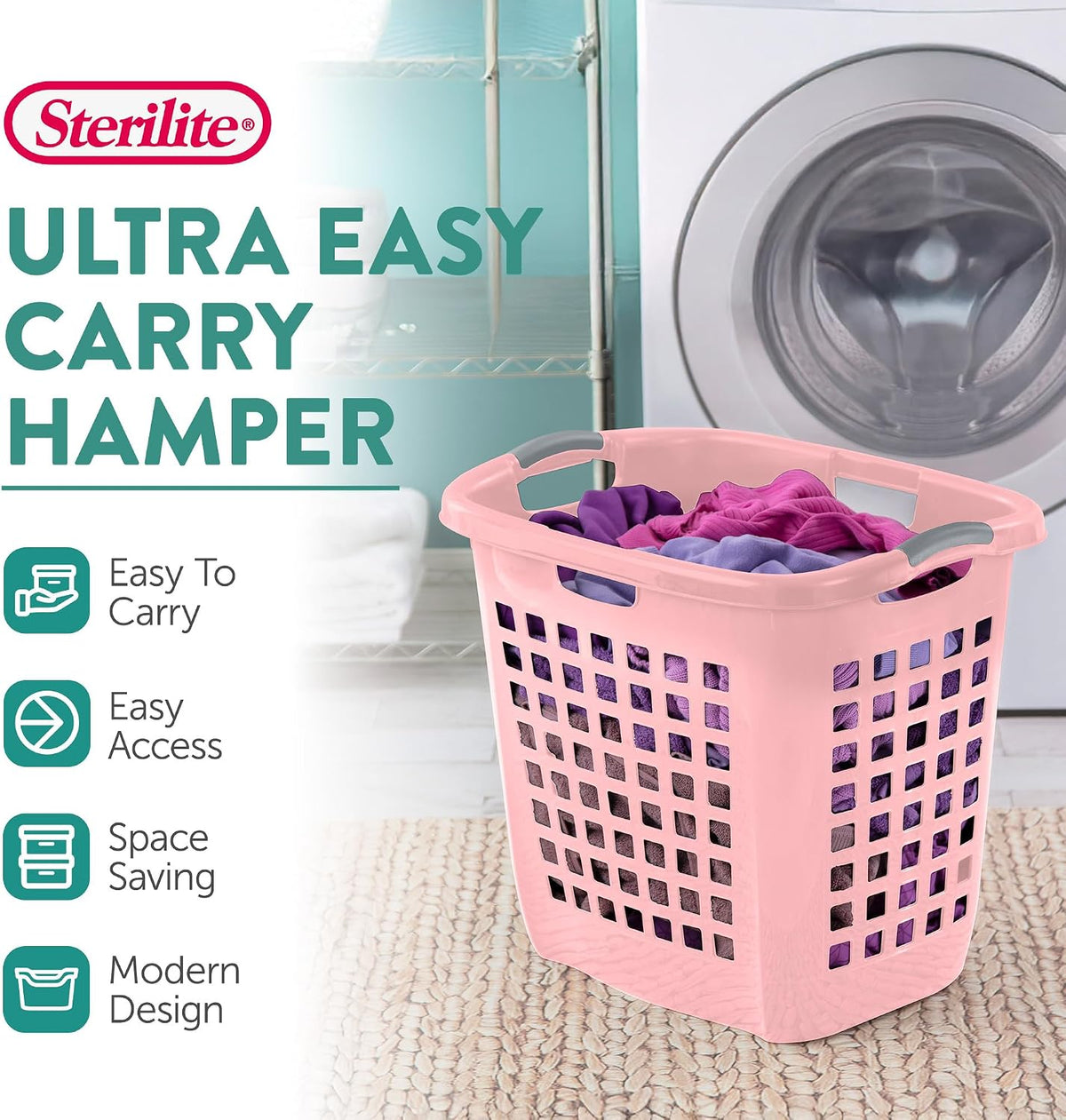 4-Pack Ultra Easy Carry Laundry Basket, Plastic Clothes Hamper Bin w/Comfort Grip Handles & Rim, 2.1 Bushel Capacity, Pink Frost