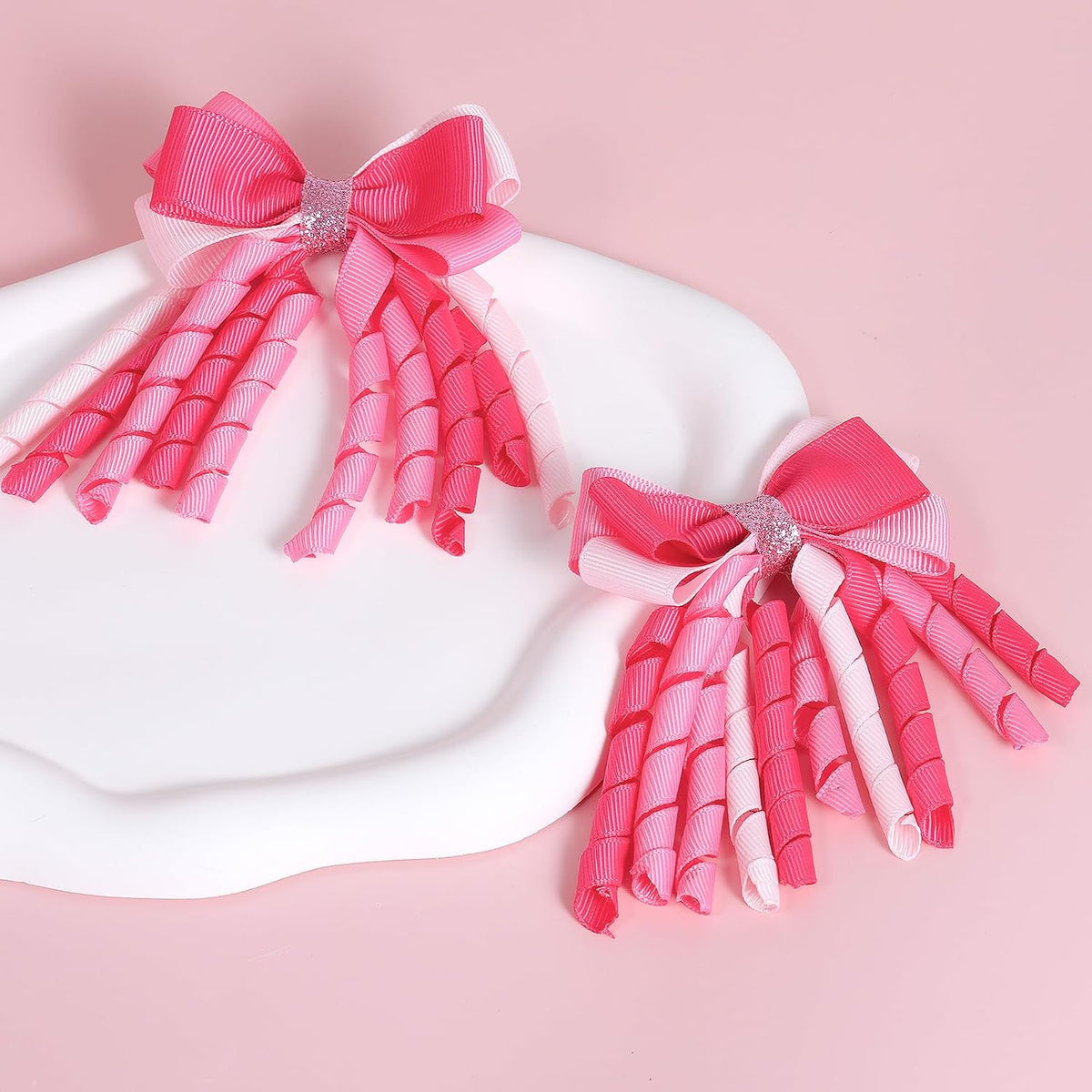 Valentine Hair Bow Clips 3 Inch Curly Ribbon Hair Clips Girls Handmade Cheer Hair Accessories for Valentine's Day Party Decor, Pink&Rose Red&Light Pink