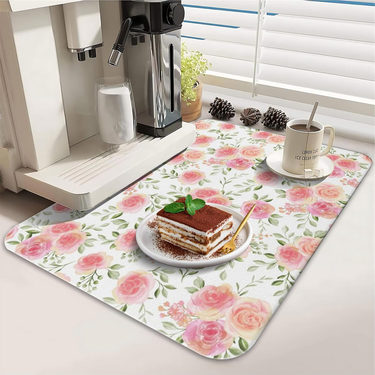 Dish Drying Mat 2-Pack in Rose Floral for Kitchen Counter Dishes Mat