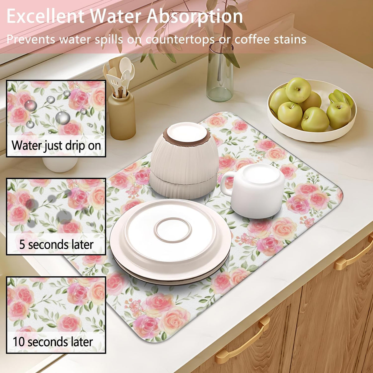 Dish Drying Mat 2-Pack in Rose Floral for Kitchen Counter Dishes Mat