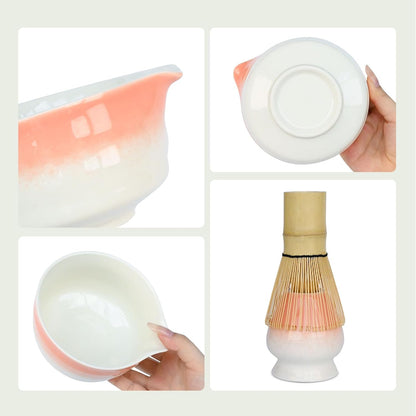 Pink Matcha Whisk Making Set - Japanese Tea Kit with Whisk Bowl and Bamboo Scoop Ceramic Chawan with Spout for Traditional Tea Ceremony Complete Matcha Making Tools Gift for Tea Lovers (Pink, 5 PCS)