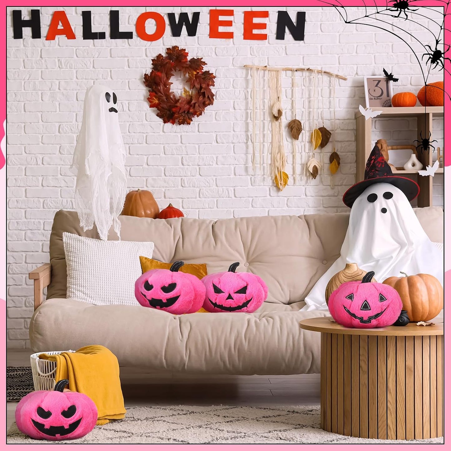 3 Pack Halloween Pink Pumpkin Throw Pillows