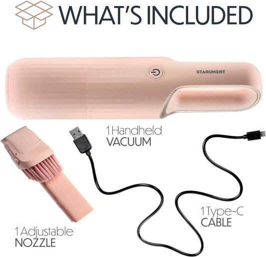 Portable Hand Vacuum Cleaner for Dust Pet Hair Dirt Home Car Interior, Furniture Lightweight Easy to Use, Compact Design Battery Rechargeable with USB-C Cable Pink
