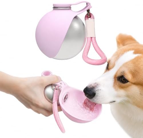 Portable Dog Water Bottle 10oz – Stainless Steel Travel Puppy Water Dispenser with No-Spill Bowl for Walking Hiking Small Dogs Outdoor (Pink)