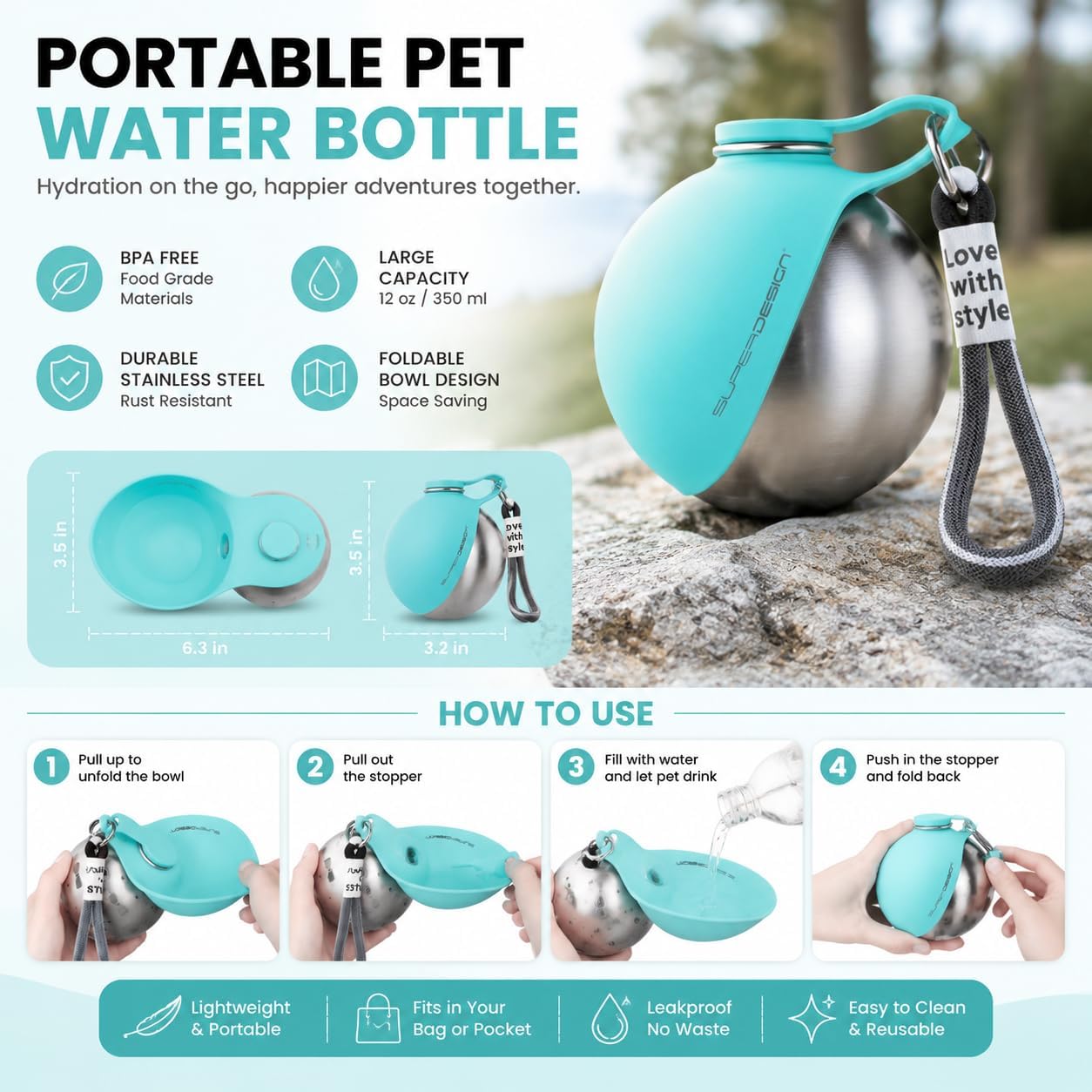 Portable Dog Water Bottle 10oz – Stainless Steel Travel Puppy Water Dispenser with No-Spill Bowl for Walking Hiking Small Dogs Outdoor (Pink)