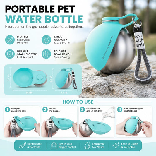 Portable Dog Water Bottle 10oz – Stainless Steel Travel Puppy Water Dispenser with No-Spill Bowl for Walking Hiking Small Dogs Outdoor (Pink)