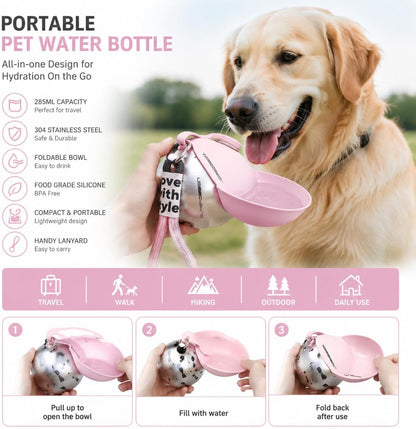 Portable Dog Water Bottle 10oz – Stainless Steel Travel Puppy Water Dispenser with No-Spill Bowl for Walking Hiking Small Dogs Outdoor (Pink)