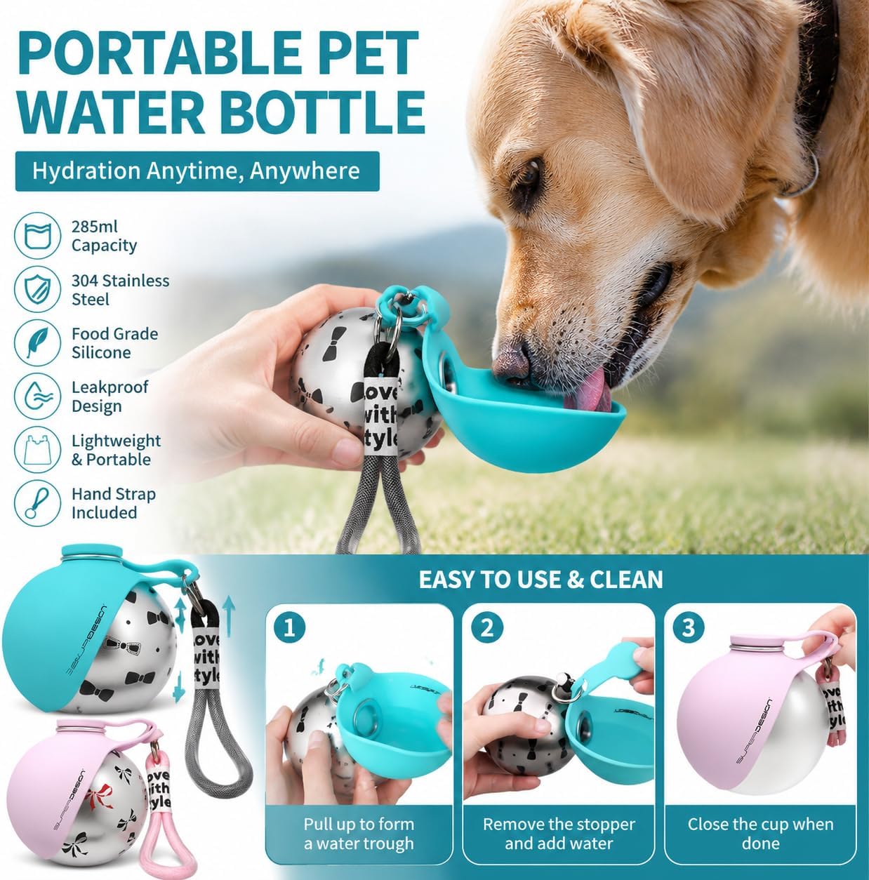 Portable Dog Water Bottle 10oz – Stainless Steel Travel Puppy Water Dispenser with No-Spill Bowl for Walking Hiking Small Dogs Outdoor (Pink)