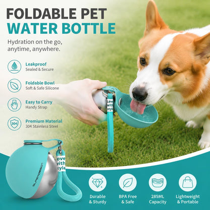 Portable Dog Water Bottle 10oz – Stainless Steel Travel Puppy Water Dispenser with No-Spill Bowl for Walking Hiking Small Dogs Outdoor (Pink)