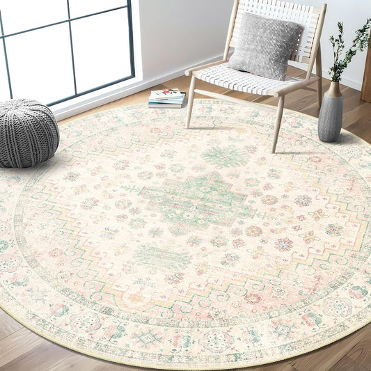 Round Rugs 6ft Circle Area Rug Washable Boho Low Pile Pink and Green