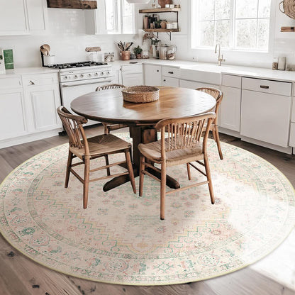 Round Rugs 6ft Circle Area Rug Washable Boho Low Pile Pink and Green