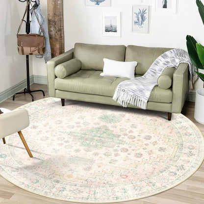 Round Rugs 6ft Circle Area Rug Washable Boho Low Pile Pink and Green