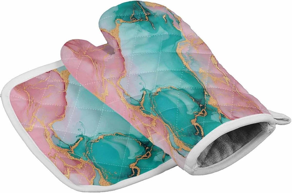 Quilted Cotton Terry Cloth Oven Mitt, Pot Holder Light Pink Gold Green Marble 2-Pack Kitchen Set, Heat insulation, Silicone Grip, Gift Set