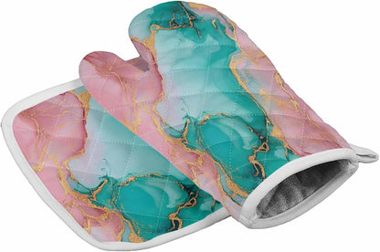 Quilted Cotton Terry Cloth Oven Mitt, Pot Holder Light Pink Gold Green Marble 2-Pack Kitchen Set, Heat insulation, Silicone Grip, Gift Set
