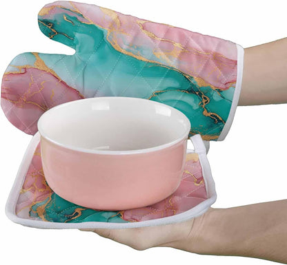 Quilted Cotton Terry Cloth Oven Mitt, Pot Holder Light Pink Gold Green Marble 2-Pack Kitchen Set, Heat insulation, Silicone Grip, Gift Set