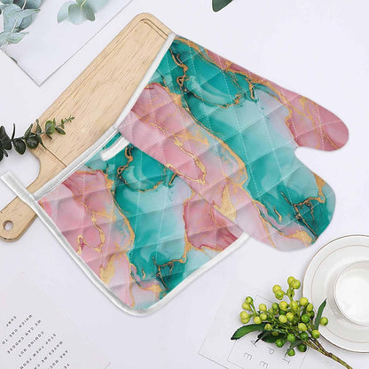 Quilted Cotton Terry Cloth Oven Mitt, Pot Holder Light Pink Gold Green Marble 2-Pack Kitchen Set, Heat insulation, Silicone Grip, Gift Set