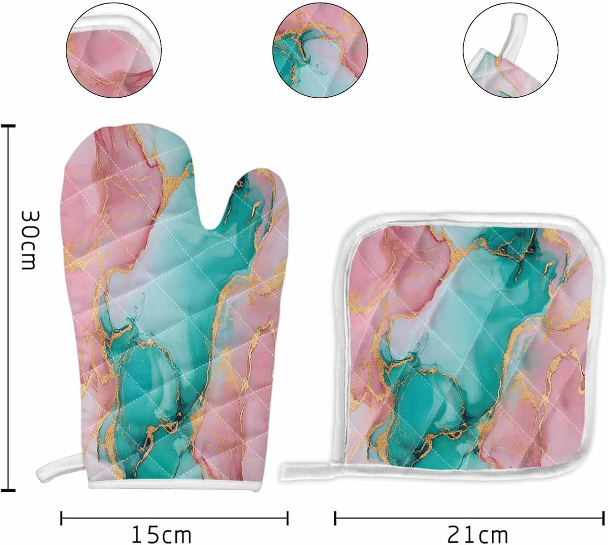 Quilted Cotton Terry Cloth Oven Mitt, Pot Holder Light Pink Gold Green Marble 2-Pack Kitchen Set, Heat insulation, Silicone Grip, Gift Set