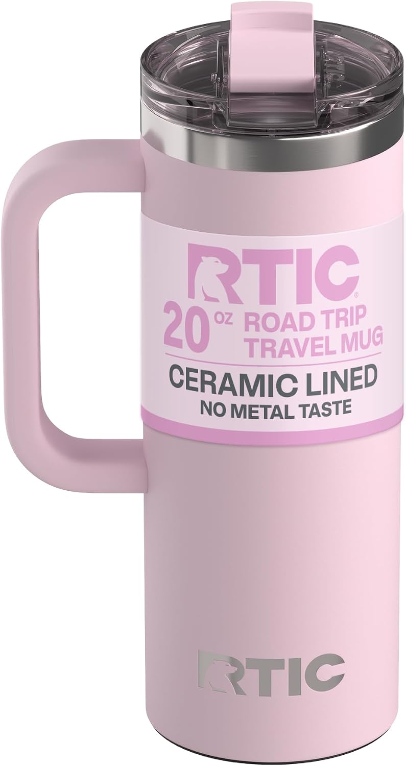 20oz Road Trip Travel Mug with Lid and Handle, Ceramic Lined, Pale Pink
