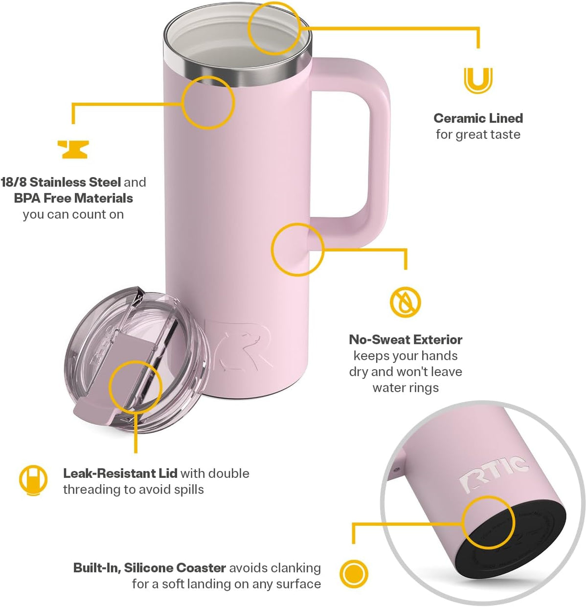 20oz Road Trip Travel Mug with Lid and Handle, Ceramic Lined, Pale Pink