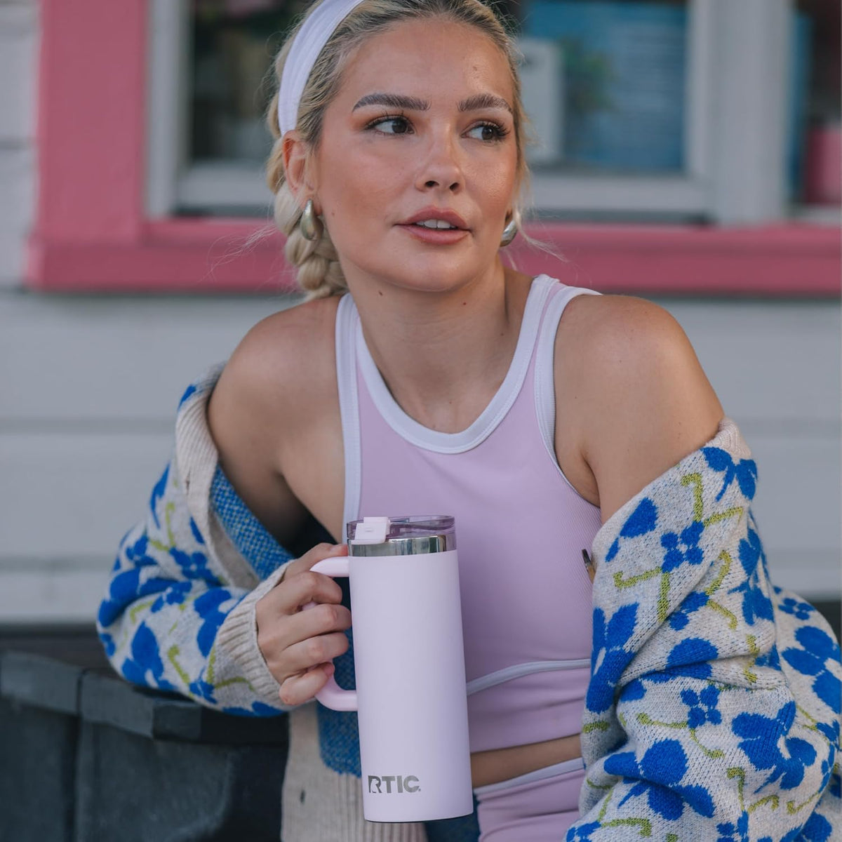 20oz Road Trip Travel Mug with Lid and Handle, Ceramic Lined, Pale Pink