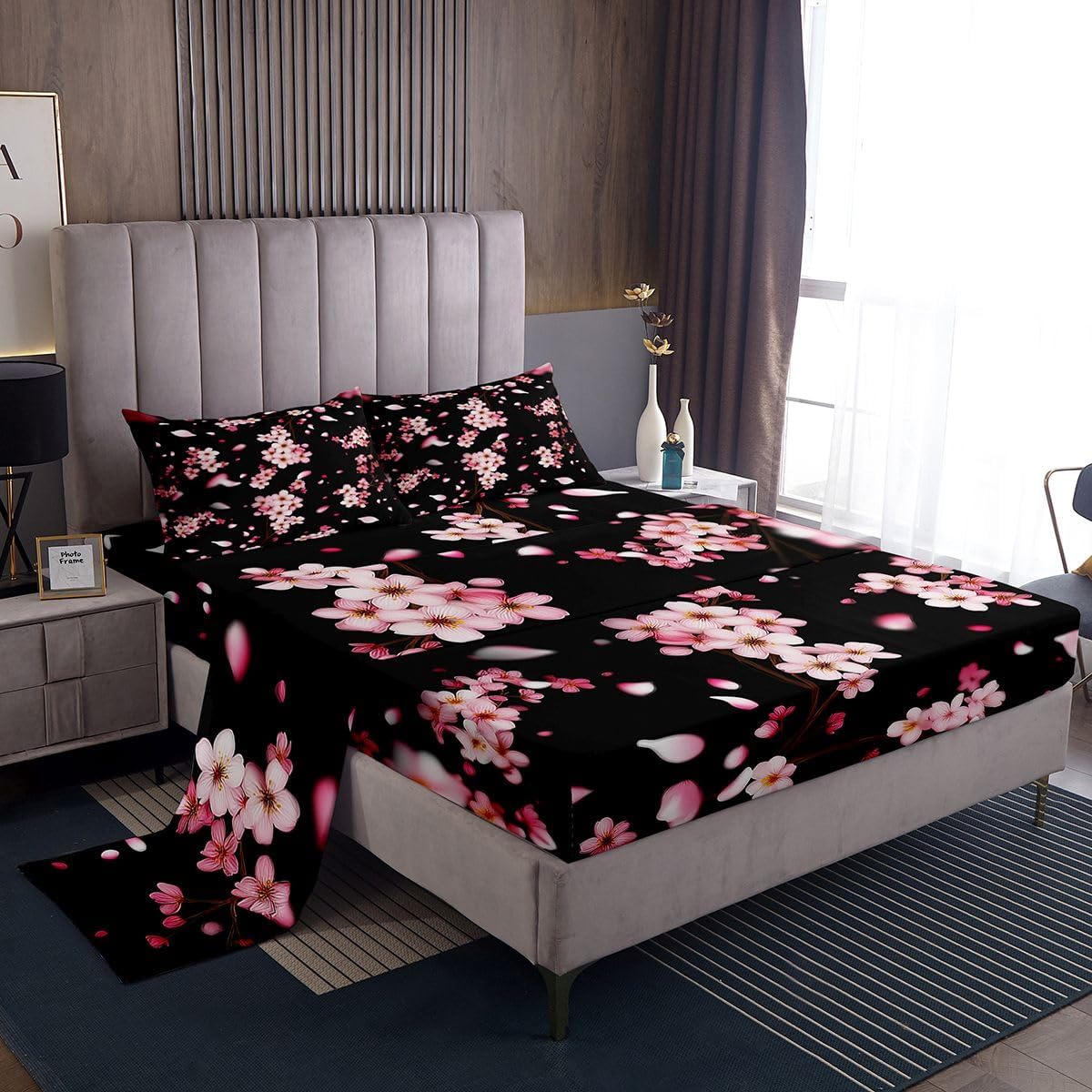 Pink Cherry Blossom Bed Sheets Full Size 4 Pcs,Natural Peach Blossom Decor Bedding Set for Kids Girls Women,Wild Flowers Japanese Style Sheet Set with Flat,Fitted Sheet,2 Pillowcases
