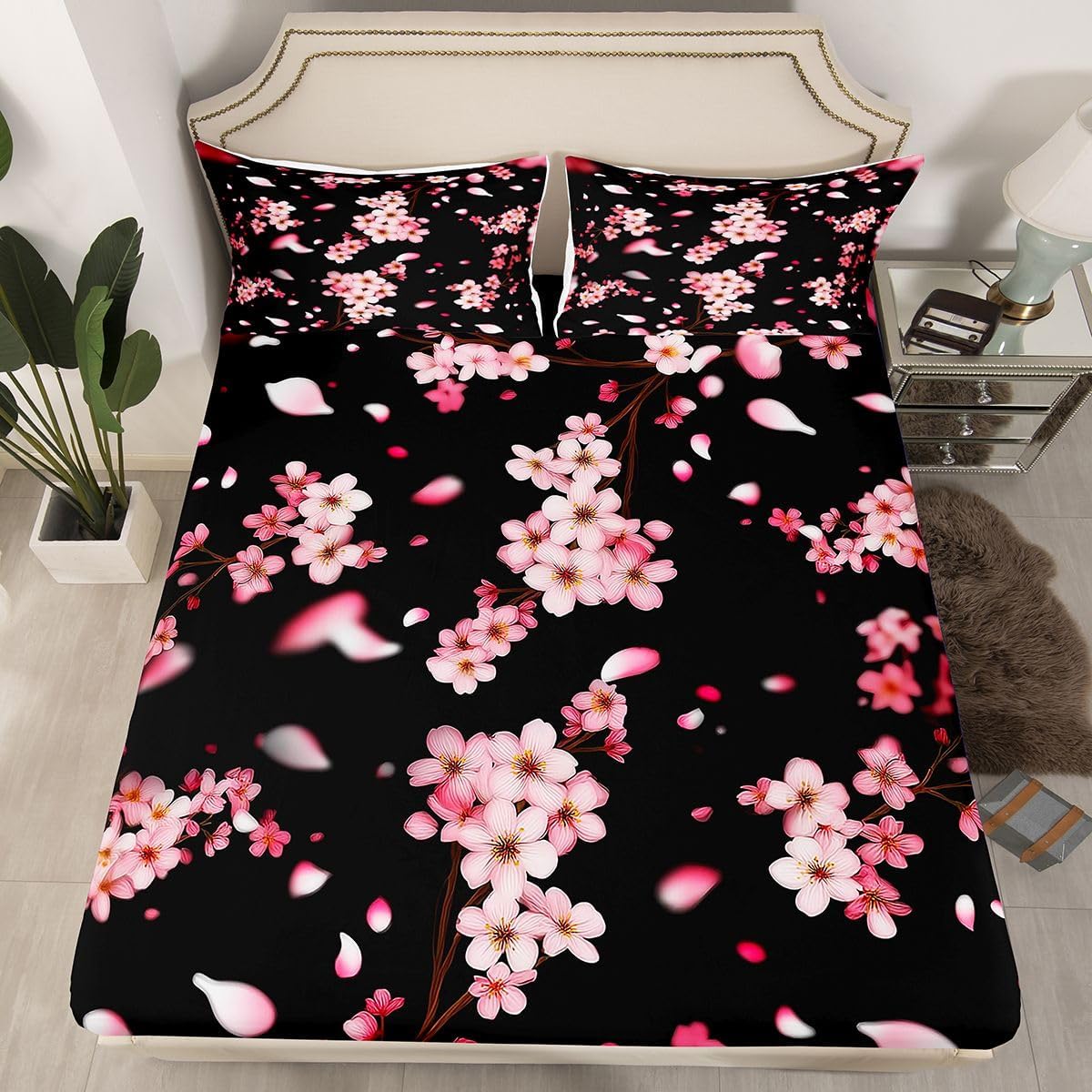 Pink Cherry Blossom Bed Sheets Full Size 4 Pcs,Natural Peach Blossom Decor Bedding Set for Kids Girls Women,Wild Flowers Japanese Style Sheet Set with Flat,Fitted Sheet,2 Pillowcases