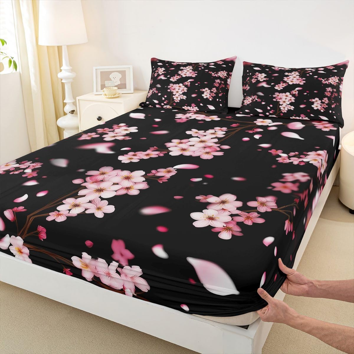 Pink Cherry Blossom Bed Sheets Full Size 4 Pcs,Natural Peach Blossom Decor Bedding Set for Kids Girls Women,Wild Flowers Japanese Style Sheet Set with Flat,Fitted Sheet,2 Pillowcases