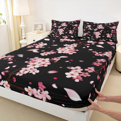 Pink Cherry Blossom Bed Sheets Full Size 4 Pcs,Natural Peach Blossom Decor Bedding Set for Kids Girls Women,Wild Flowers Japanese Style Sheet Set with Flat,Fitted Sheet,2 Pillowcases