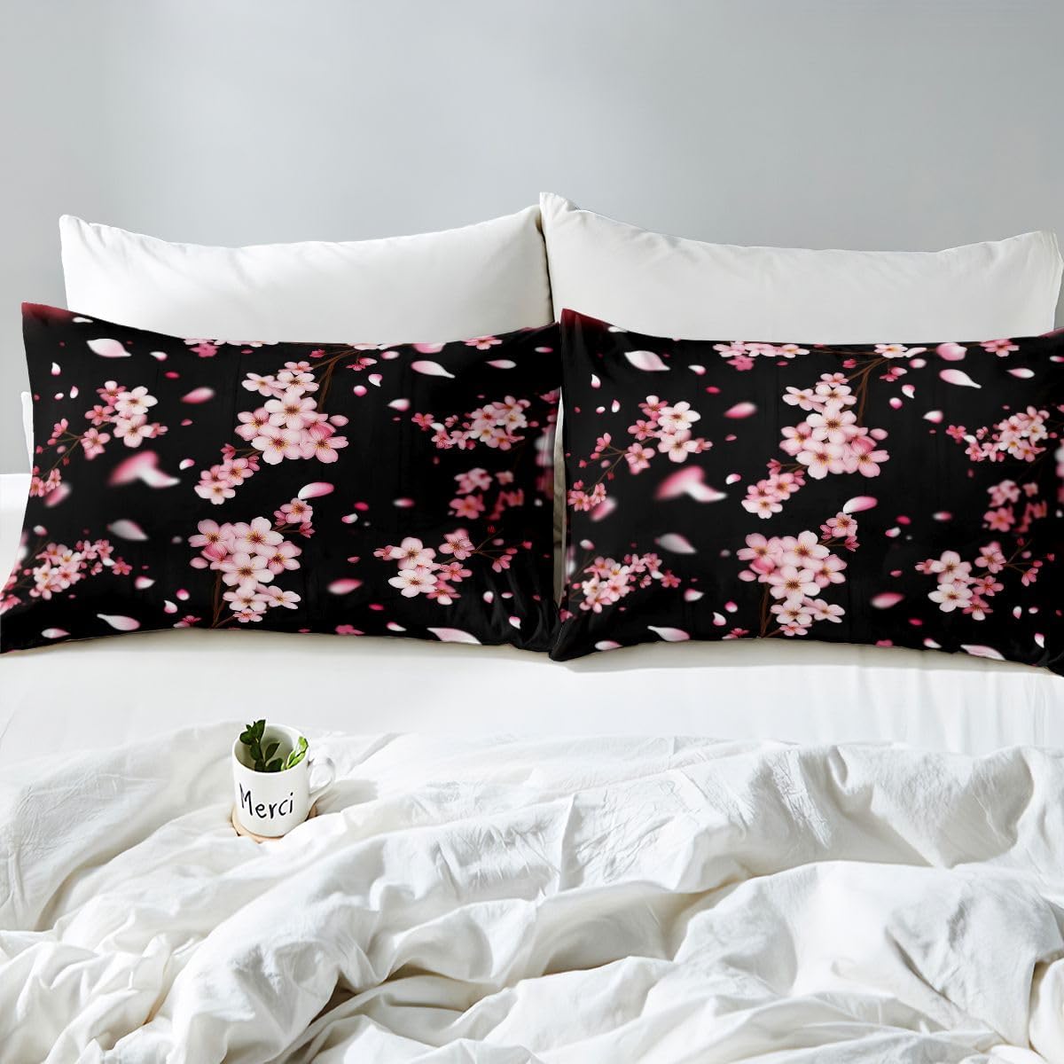 Pink Cherry Blossom Bed Sheets Full Size 4 Pcs,Natural Peach Blossom Decor Bedding Set for Kids Girls Women,Wild Flowers Japanese Style Sheet Set with Flat,Fitted Sheet,2 Pillowcases
