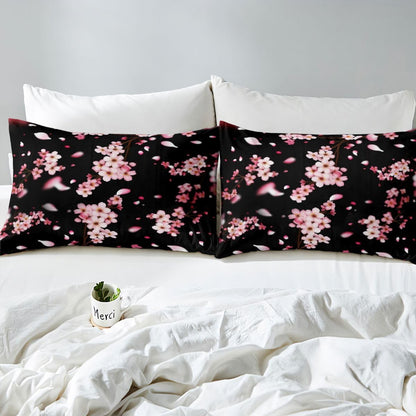 Pink Cherry Blossom Bed Sheets Full Size 4 Pcs,Natural Peach Blossom Decor Bedding Set for Kids Girls Women,Wild Flowers Japanese Style Sheet Set with Flat,Fitted Sheet,2 Pillowcases