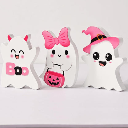 3 PCs Pink Halloween Table Decor, 3 Style Cute Wooden Ghosts Halloween Decorations indoor, Funny Wood Ghost Tabletop Centerpieces Tiered Tray Decor Signs for Home Office Room Girls Gifts, Pink White