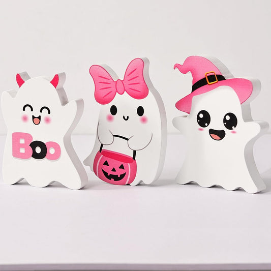3 PCs Pink Halloween Table Decor, 3 Style Cute Wooden Ghosts Halloween Decorations indoor, Funny Wood Ghost Tabletop Centerpieces Tiered Tray Decor Signs for Home Office Room Girls Gifts, Pink White
