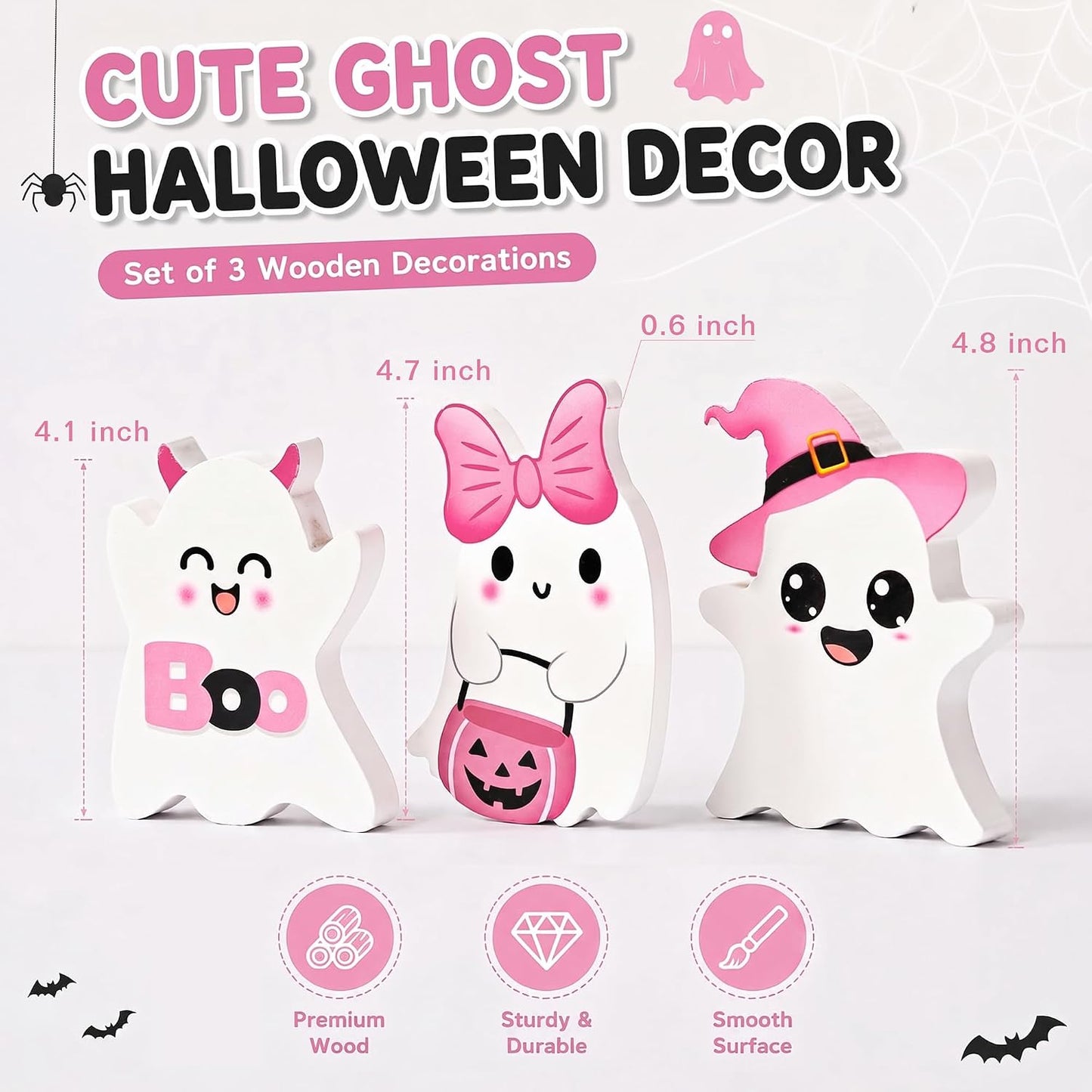 3 PCs Pink Halloween Table Decor, 3 Style Cute Wooden Ghosts Halloween Decorations indoor, Funny Wood Ghost Tabletop Centerpieces Tiered Tray Decor Signs for Home Office Room Girls Gifts, Pink White